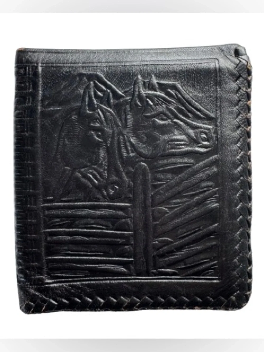 Black Genuine Leather Tooled Wallet Horses Deer Animals Western Made in Mexico
